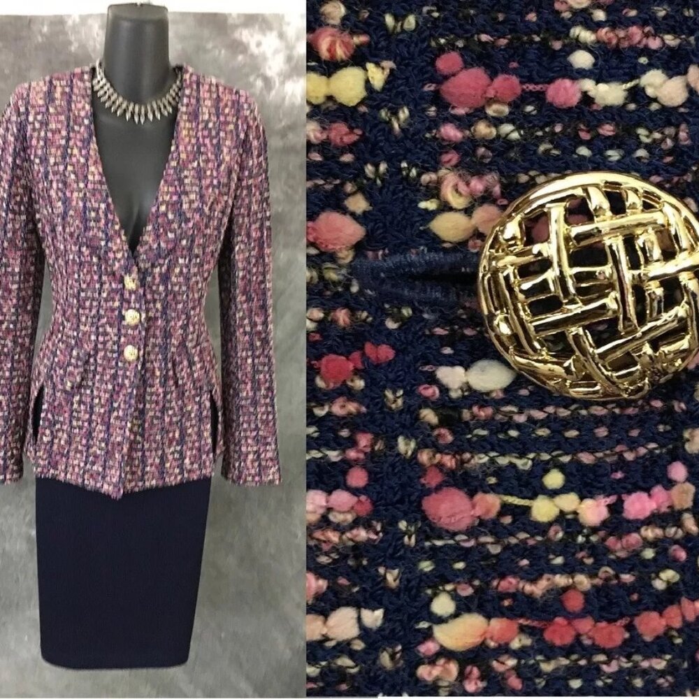BEAUTIFUL St John knit pink blue multi jacket skirt suit size 4